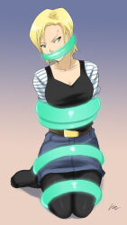 Rule 34 | 1girl, android 18, arms behind back, bdsm, blonde hair, blue eyes, bondage, bound, bound arms, bound legs, bound torso, breasts, cleavage, dragon ball, dragonball z, gag, gagged, lost one zero, medium breasts, sweat