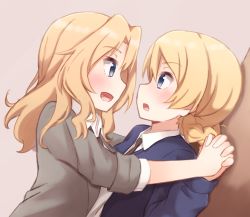 Rule 34 | 10s, 2girls, against wall, bad id, bad pixiv id, blazer, blonde hair, blouse, blue eyes, blue sweater, blush, braid, darjeeling (girls und panzer), dress shirt, dutch angle, from side, girls und panzer, grey jacket, highres, holding hands, jacket, kapatarou, kay (girls und panzer), long hair, long sleeves, looking at another, multiple girls, necktie, open clothes, open jacket, open mouth, pink background, profile, school uniform, shirt, short hair, sleeves rolled up, smile, sweater, twin braids, v-neck, white shirt, white shirt, yuri