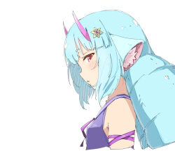 Rule 34 | 1girl, arm ribbon, armpit crease, blue hair, blunt bangs, blush, breasts, colored eyelashes, commentary request, criss-cross ribbon, cropped torso, delmin (show by rock!!), dress, drill hair, flower, from side, hair flower, hair ornament, horns, long hair, looking at viewer, looking to the side, neck ribbon, parted lips, portrait, profile, purple dress, purple ribbon, purple sailor collar, rauto, red eyes, ribbon, sailor collar, show by rock!!, sideways glance, simple background, sleeveless, sleeveless dress, small breasts, solo, twin drills, white background