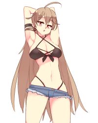 Rule 34 | 1girl, azur lane, bare shoulders, bikini, breasts, brown hair, choker, cleavage, earrings, hair between eyes, jean bart (azur lane), jean bart (private apres midi) (azur lane), jewelry, long hair, looking at viewer, medium breasts, necklace, official alternate costume, ponytail, red eyes, rtil, short shorts, shorts, solo, swimsuit, thong, very long hair