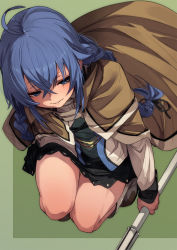 Rule 34 | 1girl, ahoge, black skirt, blue eyes, blue hair, blush, boots, braid, cloak, from above, fu-ta, full body, green background, hair between eyes, highres, holding, holding staff, light smile, long hair, looking at viewer, miniskirt, mushoku tensei, roxy migurdia, sidelocks, simple background, skirt, solo, squatting, staff, thigh gap, thighs, twin braids, twintails