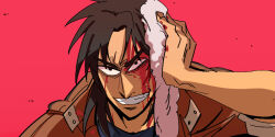 Rule 34 | 1boy, bags under eyes, black eyes, black hair, bleeding, blood, blood on face, brown jacket, commentary request, grin, holding rag, inudori, itou kaiji, jacket, kaiji, long hair, looking at viewer, male focus, medium bangs, parted bangs, pointy nose, rag, red background, simple background, smile, solo, upper body