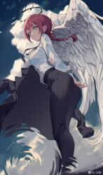 Rule 34 | 1girl, absurdres, angel wings, arm behind back, ass, bankongping, belt, black halo, black jacket, black pants, blonde hair, braid, breasts, chainsaw man, closed mouth, cloud, dark halo, from below, full body, halo, highres, holding own arm, jacket, large breasts, legs together, long hair, looking at viewer, makima (chainsaw man), pants, shirt, sky, smile, solo, standing, water, waves, white shirt, white wings, wings