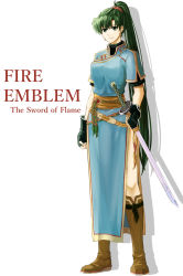 Rule 34 | 1girl, boots, breasts, brown footwear, copyright name, delsaber, dress, earrings, fingerless gloves, fire emblem, fire emblem: the blazing blade, full body, gloves, green eyes, green hair, highres, jewelry, katana, knee boots, long hair, looking at viewer, lyn (fire emblem), medium breasts, nintendo, pelvic curtain, ponytail, sash, scabbard, shadow, sheath, sheathed, short sleeves, side slit, simple background, smile, solo, standing, sword, turtleneck, weapon, white background