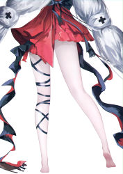Rule 34 | 1girl, arknights, barefoot, black straps, commentary, dress, eps3rd, frilled dress, frills, highres, legs, lower body, red dress, simple background, skadi (arknights), skadi the corrupting heart (arknights), solo, thighs, white background, white hair