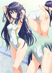 Rule 34 | 1girl, armpits, ass, black hair, blue eyes, breasts, commentary request, competition swimsuit, cowboy shot, highres, long hair, looking at viewer, medium breasts, multiple views, one-piece swimsuit, princess connect!, rei (princess connect!), rei (real) (princess connect!), standing, swimsuit, wet, wet clothes, wet swimsuit, white one-piece swimsuit, yumejidake