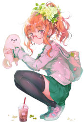 Rule 34 | 1girl, alternate hairstyle, animal, bag, black neckwear, black thighhighs, blush, breasts, bubble tea, carrying, commentary request, cup, disposable cup, dog, drinking straw, earrings, flower, from side, full body, girls und panzer, glasses, green skirt, hair flower, hair ornament, heart, jewelry, large breasts, leaf, long hair, long sleeves, looking at viewer, looking to the side, miniskirt, ooarai school uniform, orange hair, pink footwear, pleated skirt, pomeranian (dog), ponytail, pulp piroshi, red-framed eyewear, red eyes, rose, sailor collar, school uniform, semi-rimless eyewear, shirt, shoes, shoulder bag, sidelocks, simple background, skirt, solo, squatting, takebe saori, thighhighs, white background, white flower, white sailor collar, white shirt, yellow flower, zettai ryouiki