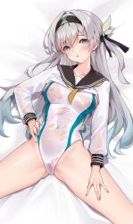 Rule 34 | 1girl, alternate costume, bed, bed sheet, black hairband, black sailor collar, breasts, cameltoe, cleft of venus, clothes lift, collarbone, commentary request, competition swimsuit, contrapposto, cropped shirt, firefly (honkai: star rail), gluteal fold, grey hair, groin, hair intakes, hair ornament, hairband, hand on own hip, highleg, highres, honkai: star rail, honkai (series), long hair, long sleeves, looking at viewer, lying, matrix16, neckerchief, on back, on bed, one-piece swimsuit, open mouth, puffy long sleeves, puffy sleeves, purple eyes, sailor collar, school uniform, see-through, see-through shirt, see-through sleeves, serafuku, shirt, shirt lift, skindentation, solo, split, spread legs, swimsuit, thigh strap, thighs, undone neckerchief, upper body, wet, wet clothes, white one-piece swimsuit, white shirt, yellow neckerchief