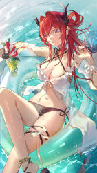Rule 34 | 1girl, anklet, arknights, bare shoulders, bikini, breasts, cleavage, detached sleeves, food, hair between eyes, highres, horns, jewelry, large breasts, long hair, long sleeves, looking at viewer, nail polish, navel, ocean, official alternate costume, oz-xy, purple eyes, red hair, red nails, solo, star (symbol), stomach, surtr (arknights), surtr (colorful wonderland) (arknights), swimsuit, thigh strap, thighs, very long hair, wet