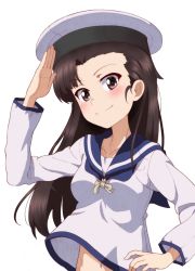 Rule 34 | 1girl, asymmetrical bangs, black eyes, black hair, blouse, blue neckerchief, blue sailor collar, closed mouth, commentary, commission, girls und panzer, hand on own hip, hat, kayabakoro, long hair, long sleeves, looking at viewer, midriff peek, navel, navy, neckerchief, nishi kinuyo, pixiv commission, sailor collar, sailor hat, salute, shirt, simple background, smile, solo, straight hair, upper body, white background, white hat, white shirt, wind, wind lift