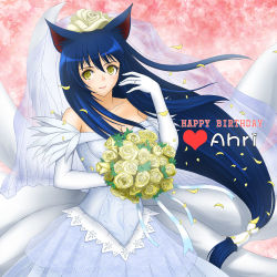 Rule 34 | 1girl, ahri (league of legends), animal ears, bare shoulders, blue hair, blush, bouquet, breasts, bridal veil, character name, cleavage, dress, elbow gloves, flower, fox ears, fox tail, gloves, happy birthday, heart, jewelry, league of legends, long hair, low-tied long hair, multiple tails, petals, ring, rose, smile, solo, tail, tears, tonnelee, veil, very long hair, wedding band, wedding dress, wedding ring, yellow eyes, yellow flower, yellow rose