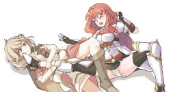 Rule 34 | 2girls, armor, blonde hair, blush, boots, braid, brown eyes, cape, celica (fire emblem), dress, faye (fire emblem), femdom, fingerless gloves, fire emblem, fire emblem echoes: shadows of valentia, gloves, highres, jaegan, leg lock, long hair, multiple girls, nintendo, open mouth, panties, red eyes, red hair, smile, submission hold, tears, thigh boots, thighhighs, tiara, twin braids, underwear, wrestling