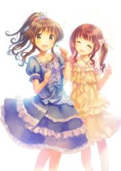 Rule 34 | 2girls, :d, ^ ^, blush, bow, bracelet, brown eyes, brown hair, choker, closed eyes, clover, commentary, dress, feet out of frame, flower, four-leaf clover, frilled dress, frills, hair bow, hair flower, hair ornament, highres, holding, holding clover, idolmaster, idolmaster cinderella girls, jewelry, looking at viewer, multiple girls, necklace, ogata chieri, open mouth, ponytail, puffy short sleeves, puffy sleeves, short sleeves, sidelocks, simple background, smile, takamori aiko, takoyaki (roast), twintails, white background
