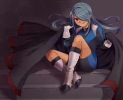 Rule 34 | 1boy, blue hair, bodysuit, cape, hair over one eye, high heels, inazuma eleven, inazuma eleven (series), kazemaru ichirouta, licking lips, long hair, looking at viewer, male focus, sitting, smile, solo, tongue, tongue out, trap