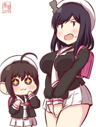 Rule 34 | + +, 2girls, :3, aged down, ahoge, artist logo, backpack, bag, black hair, black shirt, blue eyes, braid, commentary request, cosplay, covering own mouth, cowboy shot, dated, hair ornament, hair over shoulder, hat, kanon (kurogane knights), kantai collection, looking at viewer, multiple girls, neckerchief, one-hour drawing challenge, pleated skirt, red eyes, sailor collar, sailor hat, shigure (kancolle), shirt, short hair, simple background, skirt, white background, white headwear, white neckerchief, white sailor collar, white skirt, winter uniform, yamashiro (kancolle)