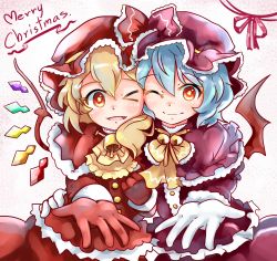 Rule 34 | 2girls, alternate costume, bat wings, blonde hair, blue hair, blush, cheek-to-cheek, fang, flandre scarlet, gloves, hat, heads together, highres, looking at viewer, merry christmas, multiple girls, nobu baka, open mouth, outstretched hand, red eyes, red gloves, remilia scarlet, short hair, siblings, sisters, smile, star-shaped pupils, star (symbol), symbol-shaped pupils, touhou, white gloves, wings