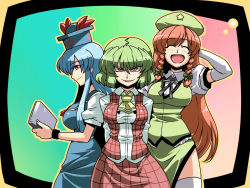 Rule 34 | 3girls, :d, arm behind head, ascot, blue hair, book, bow, braid, breasts, chinese clothes, elbow gloves, evil smile, closed eyes, female focus, gloves, green hair, hair bow, hat, highres, hong meiling, kamishirasawa keine, kazami yuuka, large breasts, long hair, medium breasts, multiple girls, open mouth, plaid, plaid skirt, plaid vest, profile, red eyes, red hair, short hair, side braid, skirt, skirt set, slit pupils, smile, thighhighs, touhou, tukiwani, twin braids, vest, white legwear