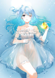 Rule 34 | 1girl, absurdres, alternate costume, apple, blue eyes, blue hair, blue nails, bow, choker, cowboy shot, day, dress, eyelashes, floating, floating hair, food, fruit, gloves, golden apple, hair bow, hand on own chest, highres, holding, holding food, holding fruit, hololive, hoshimachi suisei, in water, long hair, looking at viewer, lying, nail polish, navel, nonbire, on back, one eye closed, outdoors, parted lips, partially fingerless gloves, see-through, semi-transparent, solo, sparkle, star (symbol), star in eye, strapless, strapless dress, symbol in eye, thighs, virtual youtuber, wavy hair, white dress, white gloves