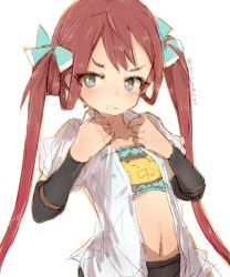 Rule 34 | 1girl, alchera, arm warmers, asagumo (kancolle), blue bra, bra, brown hair, clenched teeth, flat chest, hair ribbon, kantai collection, lion print, long hair, looking back, open clothes, ribbon, shirt, grey eyes, simple background, solo, teeth, twintails, underwear, upper body, white background, white shirt