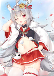 Rule 34 | 1girl, ;d, ahoge, arm up, azur lane, commentary request, cowboy shot, fur trim, grey hair, hair ornament, hand on own hip, hibiki (azur lane), highres, horns, kana (kuaua), long hair, looking at viewer, midriff, miniskirt, navel, one eye closed, open mouth, pleated skirt, red eyes, red skirt, revealing clothes, sarashi, skindentation, skirt, smile, solo, thighhighs, very long hair, white thighhighs, zettai ryouiki