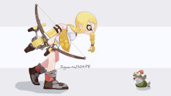 Rule 34 | 1girl, absurdres, artist name, bike shorts, black shorts, blonde hair, blunt bangs, blush, boots, bow (weapon), braid, closed mouth, colored sclera, commentary request, expressionless, grey background, grey footwear, highres, holding, holding bow (weapon), holding weapon, iguana152588, inkling, inkling girl, inkling player character, leaning forward, long hair, looking at another, mohawk, nintendo, open mouth, pointy ears, profile, red eyes, red hair, salmon run (splatoon), salmonid, shirt, short eyebrows, short shorts, short sleeves, shorts, side braid, sidelocks, simple background, single braid, smallfry (splatoon), splatoon (series), splatoon 3, standing, t-shirt, tentacle hair, tri-stringer (splatoon), two-tone background, weapon, white background, white shirt, yellow eyes, yellow sclera
