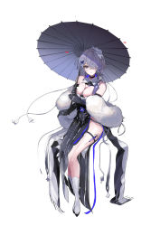 Rule 34 | 1girl, arknights, bare shoulders, between breasts, black dress, black gloves, blue eyes, boots, breasts, cleavage, closed mouth, detached collar, dress, elbow gloves, full body, fur shawl, gloves, hair ornament, hair over one eye, holding, holding umbrella, knee boots, large breasts, long hair, looking at viewer, maria (syake-uni), off shoulder, oil-paper umbrella, one eye covered, pelvic curtain, shawl, silver hair, simple background, sitting, solo, syringe, thigh strap, umbrella, very long hair, whisperain (arknights), whisperain (tremble cold) (arknights), white background, white footwear, x hair ornament