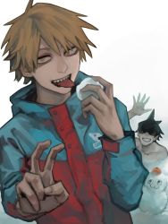 Rule 34 | 2 mannaka, 2boys, :3, beam (chainsaw man), black hair, blonde hair, blue jacket, chainsaw man, collarbone, denji (chainsaw man), dorsal fin, fang, fangs, food, fruit, gills, hair between eyes, jacket, long sleeves, looking at viewer, multiple boys, open mouth, orange (fruit), shark boy, shark head, sharp teeth, short hair, sleeves past elbows, smile, snow, snowball, snowman, teeth, tongue, tongue out, topless male, v, waving, white background, winter, winter clothes, yellow eyes