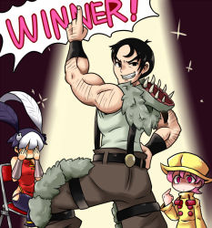 Rule 34 | 1boy, 2girls, animal, animal on head, arm hair, aruse yuushi, beowulf (skullgirls), bird, bird on head, black hair, bracer, cape, chair, child, chinese clothes, crying, empty eyes, facial hair, feng (skullgirls), folding chair, fur trim, grin, hand on own hip, hat, multicolored hair, multiple girls, muscular, on head, pelt, pink eyes, pink hair, pointing, pointing at self, pointing up, raincoat, short hair, sideburns, sitting, skullgirls, smile, sparkle, suspenders, the hurting, two-tone hair, umbrella (skullgirls), vambraces, white hair