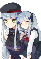 Rule 34 | 2girls, aged down, bad id, bad pixiv id, beret, blunt bangs, breasts, carrying, closed eyes, closed mouth, commentary request, facial mark, girls&#039; frontline, green eyes, hair ornament, hair ribbon, hasegawa (rarairairai), hat, highres, hk416 (black kitty&#039;s gift) (girls&#039; frontline), hk416 (girls&#039; frontline), jacket, long hair, long sleeves, looking at viewer, medium breasts, military jacket, multiple girls, official alternate costume, piggyback, ribbon, simple background, sleeping, smile, time paradox, white hair