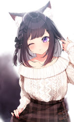Rule 34 | 1girl, ;t, absurdres, animal ear fluff, animal ears, aran sweater, black bow, black hair, blush, bow, braid, brown skirt, cable knit, closed mouth, collarbone, commentary request, fingernails, hair bow, hair ornament, hairclip, hand up, highres, long fingernails, long sleeves, looking at viewer, mayogii, nail polish, off-shoulder sweater, off shoulder, one eye closed, original, plaid, plaid skirt, purple eyes, red nails, skirt, sleeves past wrists, solo, sweater, white sweater