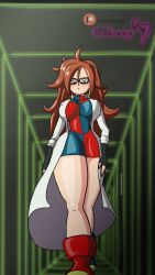 Rule 34 | 1girl, android 21, blue eyes, breasts, doctor, dragon ball, dragon ball fighterz, dragon ball super, female focus, glasses, highres, humanoid robot, large breasts, legs, long hair, long legs, mature female, miniskirt, nude, robot, sexually suggestive, skirt, solo, standing