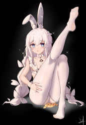 Rule 34 | 1girl, absurdres, animal ear fluff, animal ears, ass, azur lane, bird, black background, blue eyes, braid, breasts, chick, crotchless, crotchless pantyhose, fake animal ears, feet, hand on own thigh, highres, hua (yijing), kneepits, le malin (azur lane), le malin (listless lapin) (azur lane), leg up, legs, leotard, long hair, manjuu (azur lane), no shoes, official alternate costume, pantyhose, playboy bunny, rabbit ears, simple background, sitting, small breasts, soles, thighs, twin braids, twintails, very long hair, white hair, white leotard, white pantyhose, wrist cuffs