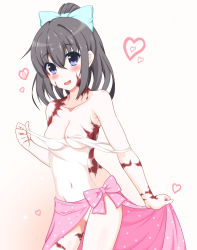 Rule 34 | 1girl, :d, alternate breast size, areola slip, bare shoulders, black hair, blue eyes, blue ribbon, blush, breasts, burn scar, collarbone, covered navel, dorei to no seikatsu ~teaching feeling~, hair between eyes, hair ribbon, heart, highres, long hair, looking at viewer, medium breasts, one-piece swimsuit, open mouth, ponytail, ribbon, sarong, scar, simple background, small breasts, smile, solo, swimsuit, sylvie (dorei to no seikatsu), takahiko, undressing, white background, white one-piece swimsuit