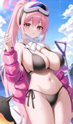Rule 34 | 1girl, bikini, black bikini, blue archive, breasts, chelly (glisten chelly), eimi (blue archive), eimi (swimsuit) (blue archive), eyewear on head, halo, highres, jacket, large breasts, long hair, looking at viewer, navel, open clothes, open jacket, outdoors, pink hair, pink halo, ponytail, purple eyes, scarf, side-tie bikini bottom, sky, solo, swimsuit, white scarf