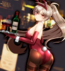 Rule 34 | 1girl, alcohol, animal ears, ass, azur lane, backless leotard, blurry, blurry background, bottle, bow, bowtie, cup, detached collar, drinking glass, elbow gloves, fake animal ears, fake tail, fishnet pantyhose, fishnets, from behind, gloves, high ponytail, holding, holding tray, jean bart (azur lane), kaguya-san (nantyu-erosada), leotard, light brown hair, long hair, looking at viewer, pantyhose, playboy bunny, rabbit ears, rabbit tail, red eyes, red gloves, red leotard, solo, strapless, strapless leotard, tail, thighband pantyhose, tray, very long hair, wine, wine bottle, wine glass, wrist cuffs