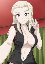 Rule 34 | 10s, 1girl, blonde hair, blue eyes, blush, breasts, clara (girls und panzer), cleavage, girls und panzer, inoshira, jacket, large breasts, navel, open clothes, open jacket, reaching, reaching towards viewer, selfie, smile, solo, v