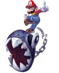 Rule 34 | 1boy, angry, brown hair, chain, chain chomp, facial hair, full body, gloves, hat, looking at viewer, mario, mario (series), masanori sato, mustache, nintendo, open mouth, overalls, third-party source