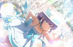 Rule 34 | 1girl, adjusting clothes, adjusting headwear, aqua bow, armpits, back bow, blue sky, boater hat, bow, collarbone, dress, dutch angle, foot out of frame, fountain, game cg, gloves, green eyes, hair bun, hat, highres, holding sandals, leg up, link! like! love live!, long hair, looking at viewer, love live!, medium dress, official art, otomune kozue, penguin ice (love live!), purple hair, railing, side ponytail, sidelocks, single side bun, sky, sleeveless, sleeveless dress, smile, solo, striped bow, stuffed animal, stuffed penguin, stuffed toy, third-party source, virtual youtuber, white dress, white gloves, white hat