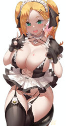 Rule 34 | 1girl, alternate costume, bikini, black bikini, black gloves, black thighhighs, blonde hair, blush, breast tattoo, breasts, calamity jane (fate), cleavage, crossed legs, detached sleeves, double v, earrings, enmaided, facial mark, fate/grand order, fate (series), fingerless gloves, frills, garter straps, gloves, gradient hair, green eyes, groin, hair ornament, hair ribbon, hairclip, highleg, highleg bikini, highres, hoop earrings, jewelry, large breasts, layered skirt, long hair, maid, maid bikini, maid headdress, microskirt, multicolored hair, neck ring, open mouth, pink hair, pulling own clothes, ribbon, signature, sitting, skirt, solo, star tattoo, strap pull, swimsuit, tattoo, teeth, thick thighs, thighhighs, thighs, twintails, unconventional maid, uo denim, upper teeth only, v, wide hips