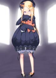 Rule 34 | 1girl, abigail williams (fate), black dress, black footwear, black hat, blonde hair, bloomers, blue eyes, bow, commentary request, dress, fate/grand order, fate (series), full body, hair bow, hand to own mouth, hat, healthyman, highres, hug, hugging object, long hair, mary janes, multiple hair bows, ribbon, shoes, short dress, sleeves past wrists, solo, stuffed animal, stuffed toy, teddy bear, underwear, very long hair