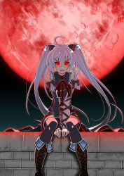 Rule 34 | 1girl, :3, ahoge, backlighting, bare shoulders, boots, borrowed character, bow, braid, breasts, brick, cross-laced footwear, frills, full moon, glowing, glowing eyes, gradient hair, grey hair, hair bow, highres, huge moon, lace-up boots, large breasts, long hair, moon, multicolored hair, open mouth, original, outdoors, red eyes, red moon, satsuki imonet, sitting, solo, thighhighs, twin braids, twintails, v-shaped eyebrows, v arms