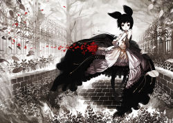 Rule 34 | 1girl, bare shoulders, bouquet, brick wall, covering privates, dress, fence, flower, gown, highres, leaf, mano (narumi arata), monochrome, narumi arata, original, petals, short hair, solo, spot color, tassel, tree, twintails, wind