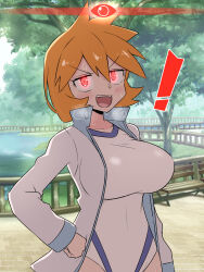 Rule 34 | !, 1girl, absurdres, alpha pokemon, blush, breasts, breath, collared jacket, cowboy shot, creatures (company), day, fang, female focus, game freak, green eyes, hand on own hip, highres, jacket, jacket over swimsuit, jitome, kurachi mizuki, large breasts, legs, long sleeves, looking at viewer, misty (pokemon), navel, nintendo, one-piece swimsuit, open clothes, open jacket, open mouth, orange hair, outdoors, pokemon, pokemon hgss, red eyes, short hair, smile, solo, sweat, sweatdrop, swimsuit, teeth, thighs, upper body, upper teeth only, white one-piece swimsuit