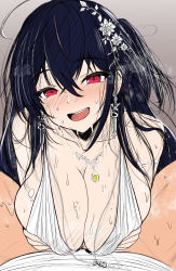 Rule 34 | 1boy, 1girl, absurdres, agachi (shunya12300724), ahoge, azur lane, black hair, blush, breasts, cleavage, dress, earrings, hair ornament, happy, hetero, highres, jewelry, large breasts, long hair, looking at viewer, messy hair, necklace, open mouth, paizuri, red eyes, sweat, taihou (azur lane), taihou (temptation on the sea breeze) (azur lane), very long hair, wedding dress