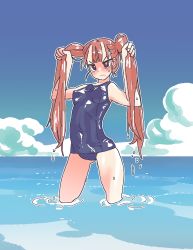Rule 34 | 1girl, arms up, bad id, bad pixiv id, beach, blue sky, blush, brown hair, closed mouth, cloud, covered erect nipples, covered navel, day, dripping, fang, fingernails, gomaeng, highres, one-piece swimsuit, outdoors, partially submerged, pink eyes, shiny skin, sky, solo, standing, swimsuit, twintails, ueno-san wa bukiyou, ueno (ueno-san wa bukiyou), wading, water, wet