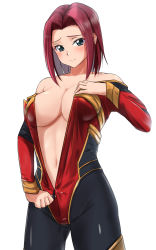 Rule 34 | 1girl, blue eyes, bodysuit, breasts, cleavage, code geass, code geass: fukkatsu no lelouch, cowboy shot, highres, kouzuki kallen, large breasts, multicolored bodysuit, multicolored clothes, open bodysuit, open clothes, red hair, revision, short hair, simple background, solo, standing, super robot wars, unzipping, white background, yoo tenchi