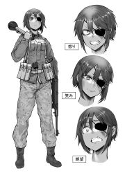 Rule 34 | 1girl, absurdres, ammunition pouch, army, belt, boots, clenched teeth, explosive, expressions, eyepatch, grenade, greyscale, gun, hand grenade, high-explosive anti-tank (warhead), highres, holding, holding gun, holding weapon, holster, man-portable anti-tank systems, military, military uniform, monochrome, mp40, multiple views, original, panzerfaust, pouch, recoilless gun, scar, short hair, sigama, simple background, soldier, stick grenade, submachine gun, teeth, translation request, uniform, war, weapon, white background