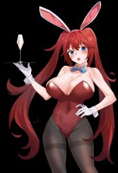 Rule 34 | absurdres, animal ears, blue eyes, blush, breasts, cleavage, fake animal ears, fang, gloves, highres, large breasts, last origin, may of doom, mole, mole on breast, open mouth, p220 31495, pantyhose, playboy bunny, rabbit ears, red hair, twintails