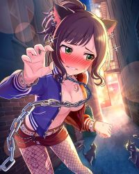 Rule 34 | 10s, 1girl, animal ears, artist request, belt, bracelet, breast tattoo, breasts, cat, cat ears, chain, claw pose, cleavage, derivative work, ear piercing, earrings, fishnet pantyhose, fishnets, green eyes, grin, highres, idolmaster, idolmaster cinderella girls, jewelry, maekawa miku, medium breasts, miniskirt, official art, pantyhose, piercing, ponytail, ray-k, skirt, smile, solo, tattoo, third-party edit, torn clothes