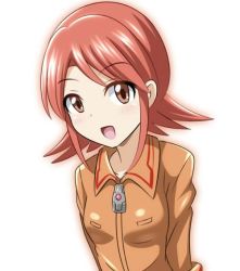 Rule 34 | 1girl, blush, digimon, happy, red eyes, red hair, saiba rei, simple background, smile, white background, zipper